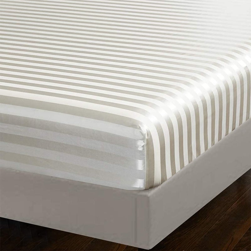 AiMay 6 Piece Satin Italian Style Bed Sheet Set Deep Pocket Striped 1800 Luxury Rich Silk 1 Flat Sheet 1 Fitted Sheet 4 Envelope Pillowcases Stain-Resistant Wrinkle Free (Queen,Off White) - Image 4